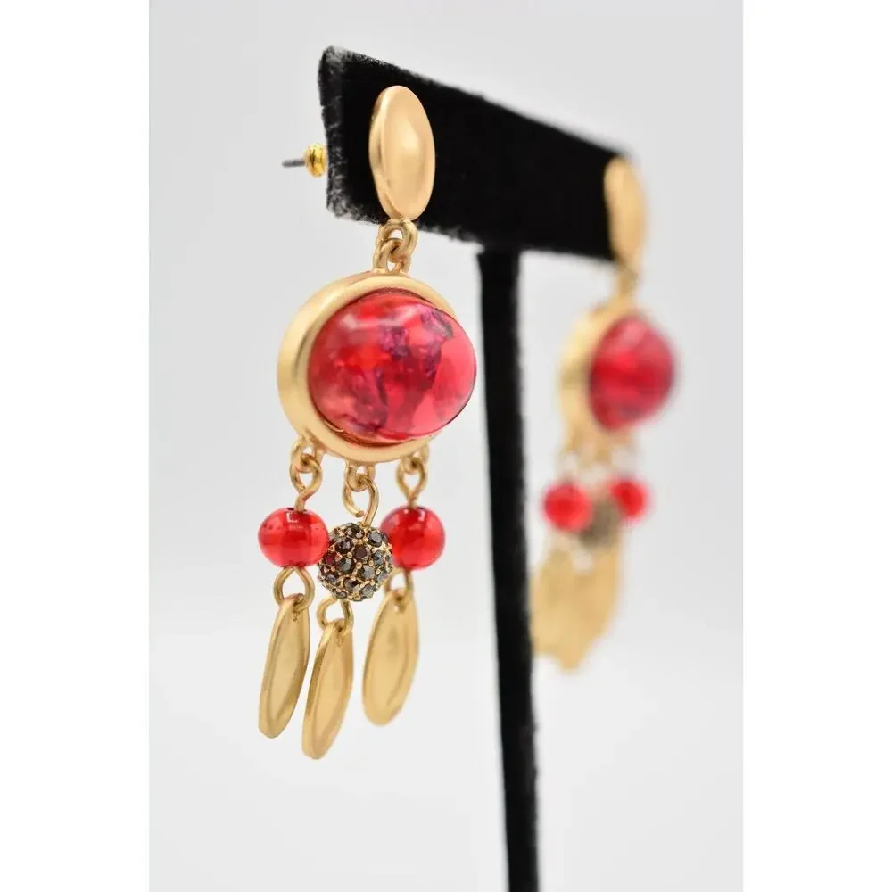Statement Cabochon Dangle Earrings Red Lucite Brushed Gold Black Rhinestone 9L